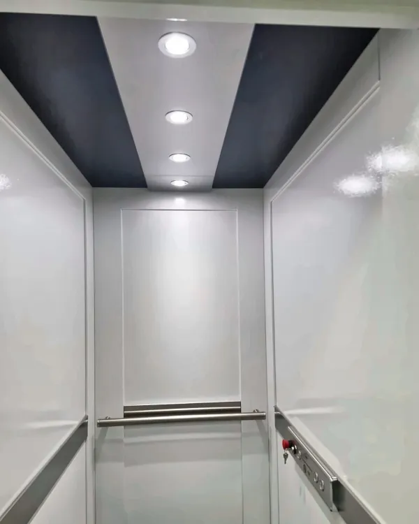 Teto da cabine em azul-marinho com faixa branca central e quatro spots