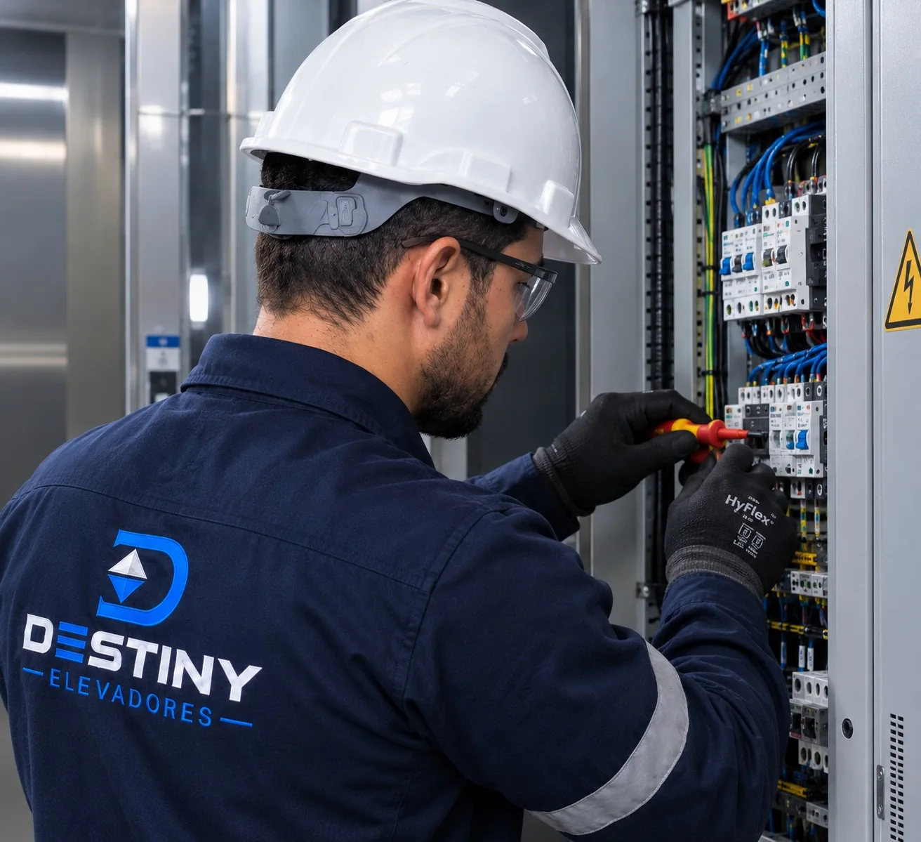 Técnico da Destiny Elevadores, de uniforme da marca, realizando manutenção no quadro elétrico de um elevador